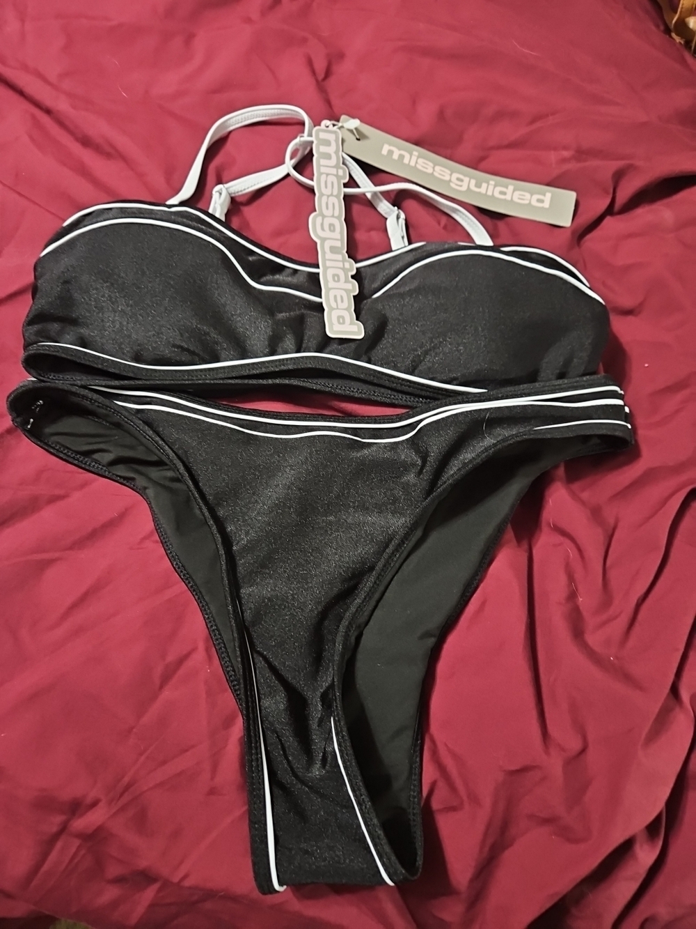 Missguided Black Bikini with White Piping and Gold Accent